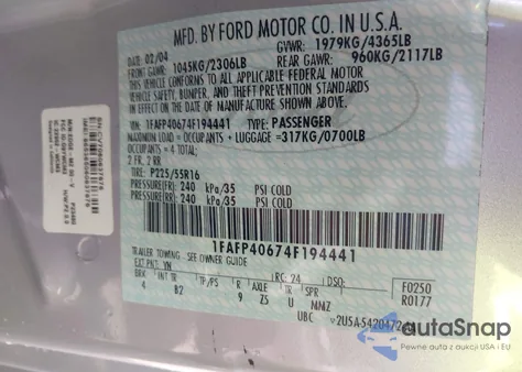 2004 Ford Mustang из США, поврежденный, VIN 1FAFP40674F194441